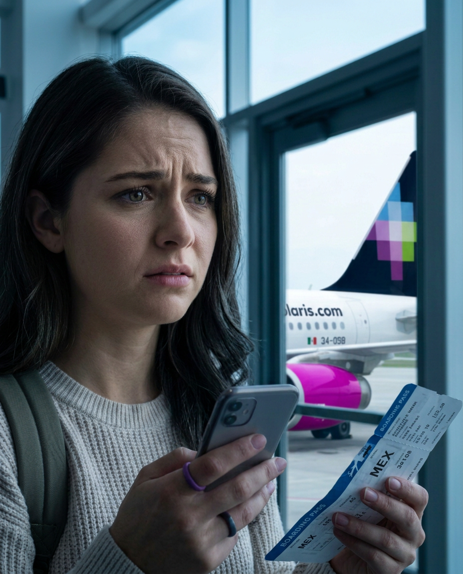 Concerned traveler holding boarding passes at an airport gate, with a Volaris-style plane beyond the window